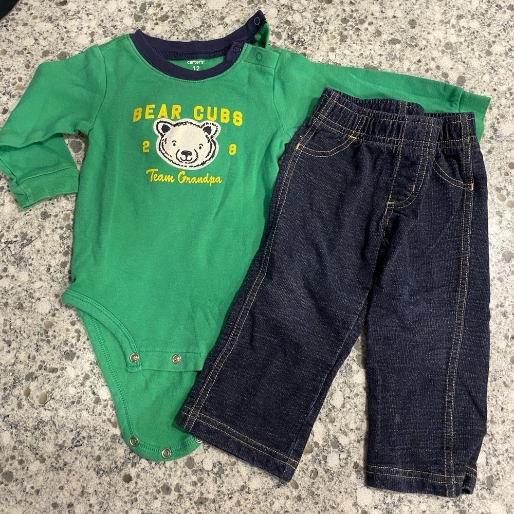 Carters infant  blue Jeans and long sleeve Onsie set navy and green 12 m…